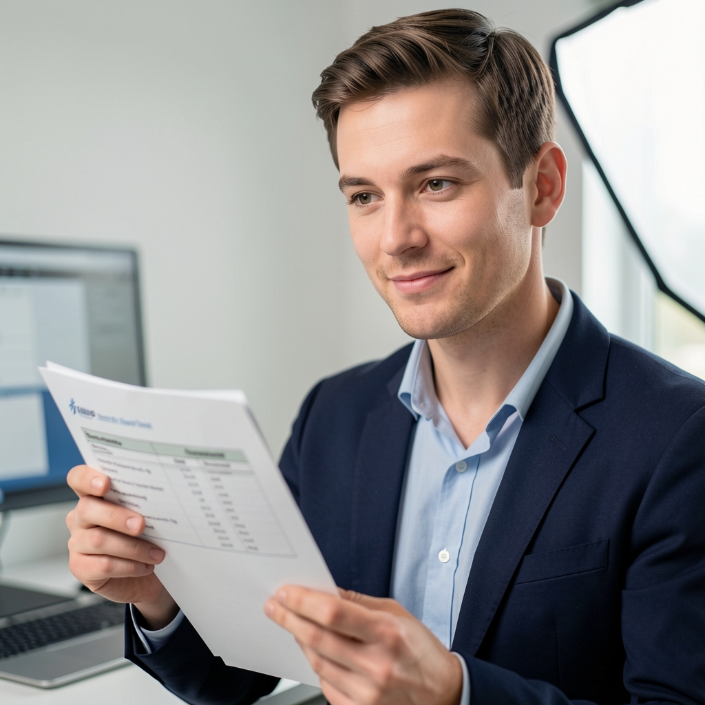 Portrait of a Brensano studio specialist reviewing supplement formulation notes and ingredient batch records under studio lighting in a minimalist workspace