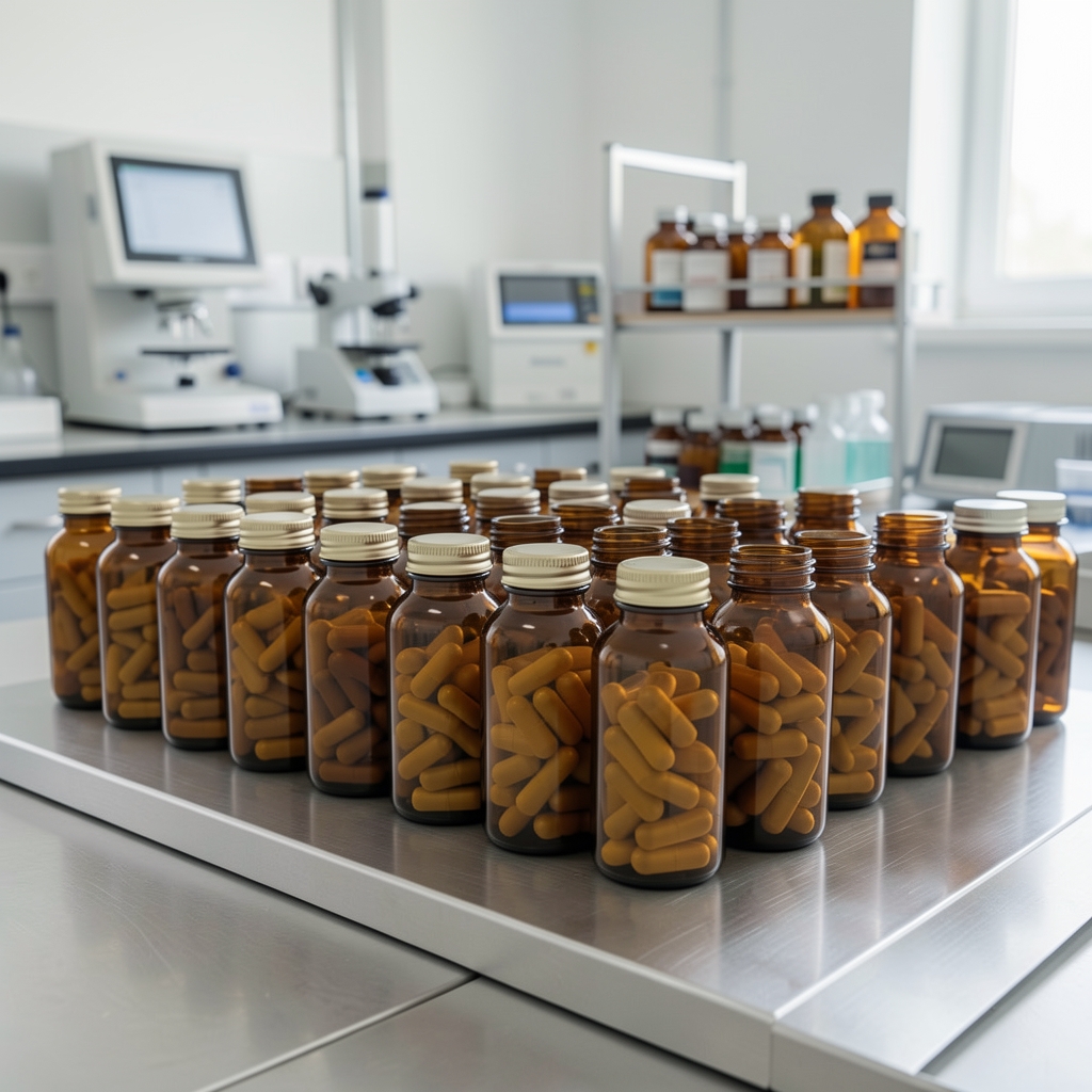Rows of natural mineral supplement capsules in amber glass bottles arranged on a quality-control bench in a clean workspace
